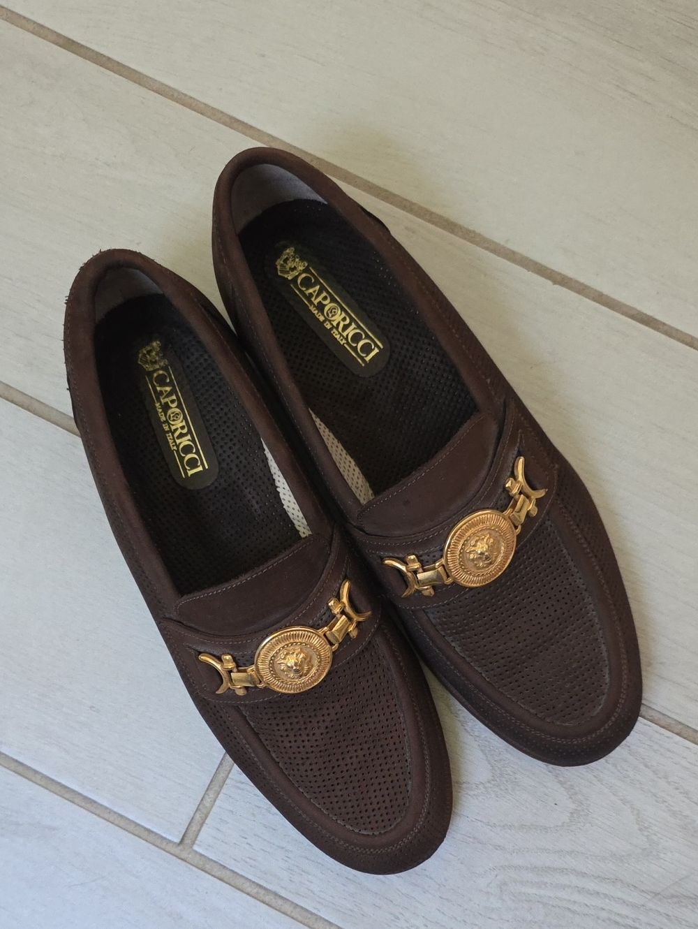 Caporicci dark brown perforated suede horsebit loafers handcrafted in Italy.